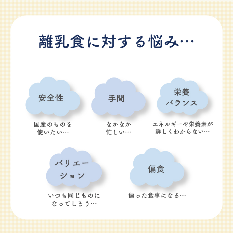 【離乳食に対する悩み...】[安全性]国産のものを使いたい... [手間]なかなか忙しい... [栄養バランス]エネルギーや栄養素が詳しくわからない... [バリエーション]いつも同じものになってしまう... [偏食]偏った食事になる...