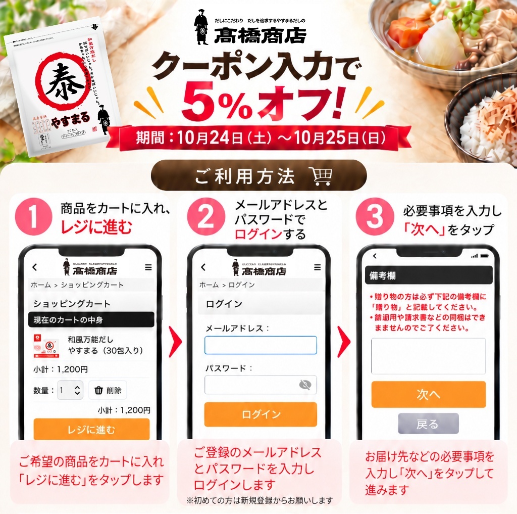 高橋商店 クーポン入力で 5%オフ!!! 期間:10月24日(土)~10月25日(日) ご利用方法 1 商品をカートに入れ、 レジに進む ご希望の商品をカートに入れ 「レジに進む」をタップします 2 メールアドレスとパスワードでログインする ご登録のメールアドレスとパスワードを入力しログインします ※初めての方は新規登録からお願いします 3 必要事項を入力し 「次へ」をタップ お届け先などの必要事項を入力し「次へ」をタップして進みます