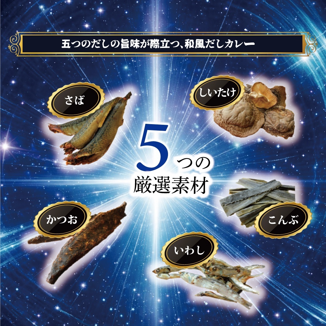 五つのだしの旨味が際立つ、和風だしカレー 5つの厳選素材 さば しいたけ かつお いわし こんぶ