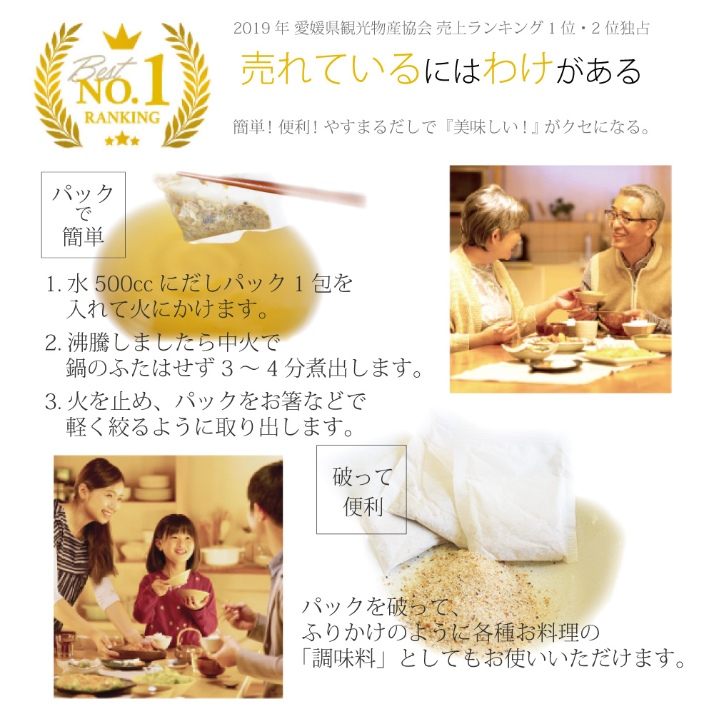 2019年 愛媛県観光物産協会 売上ランキング1位・2位独占 売れているにはわけがある 簡単！便利！やすまるだしで『美味しい！』がクセになる。 [パックで簡単] 1. 水500ccにだしパック1包を入れて火にかけます。 2. 沸騰しましたら中火で鍋のふたはせず3〜4分煮出します。 3.火を止め、パックをお箸などで軽く絞るように取り出します。 [破って便利] パックを破って、ふりかけのように各種お料理の「調味料」としてもお使いいただけます。
